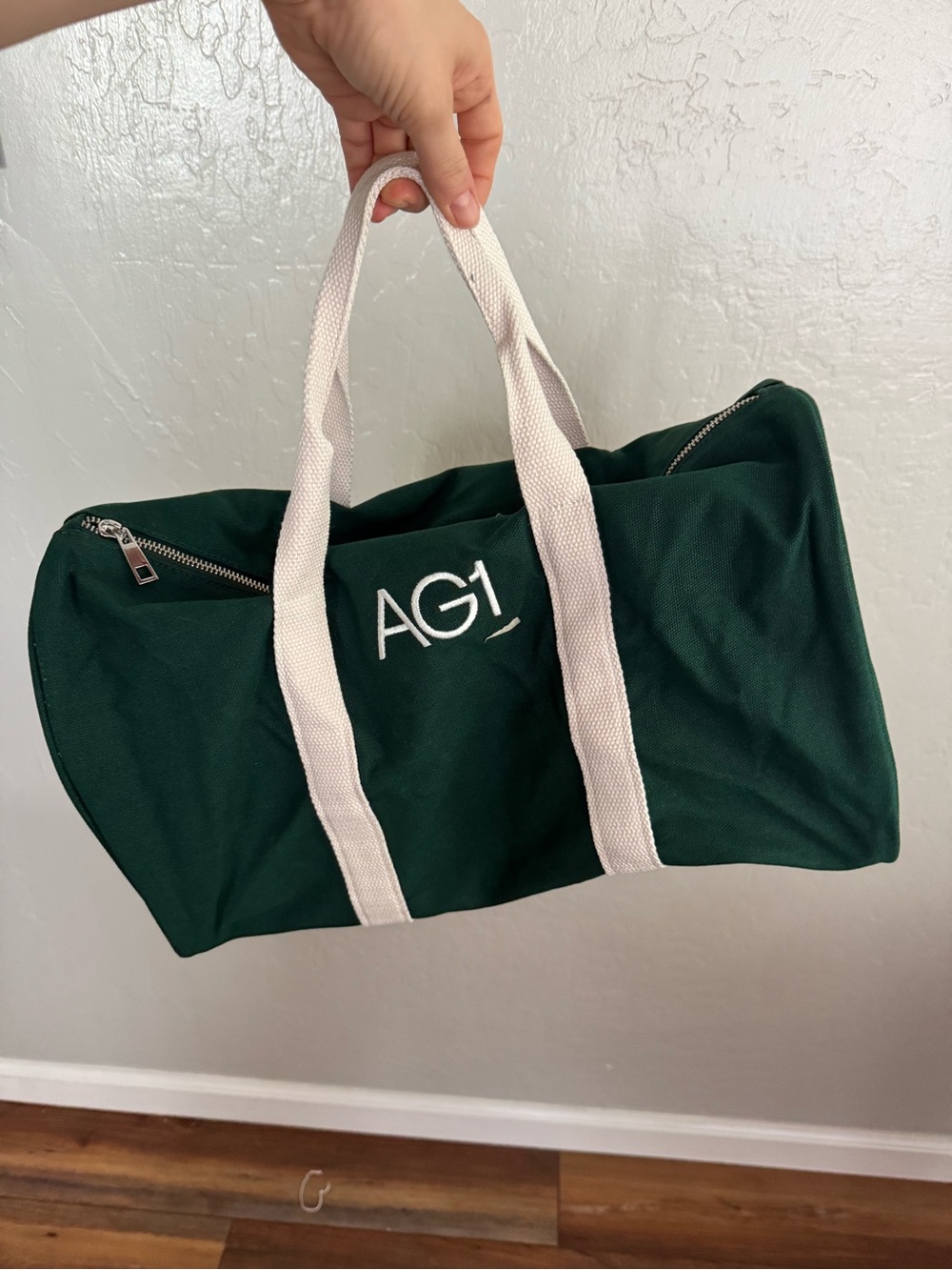 Ag1 Adriano Goldschmied Dark Green Canvas Duffel Tote with Cream Handles